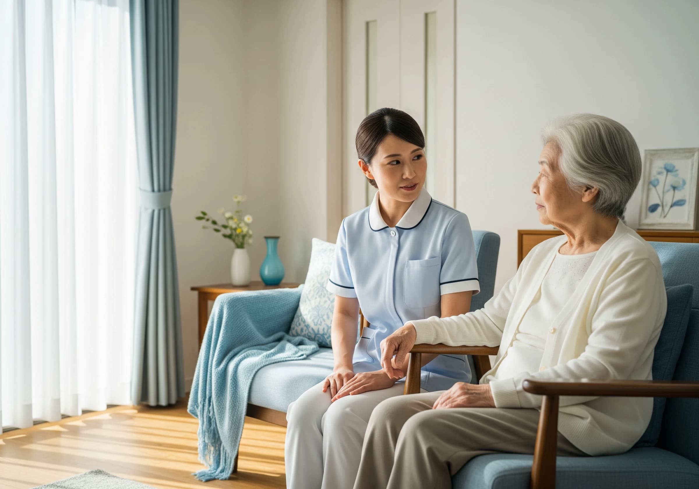 看護師スタッフが高齢者と会話する様子